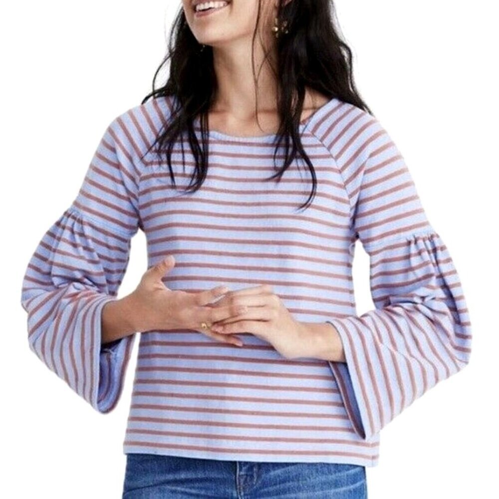 Madewell Shirt Women Small Blue Striped Shirred Sleeve Sailor Top Preppy Coastal
